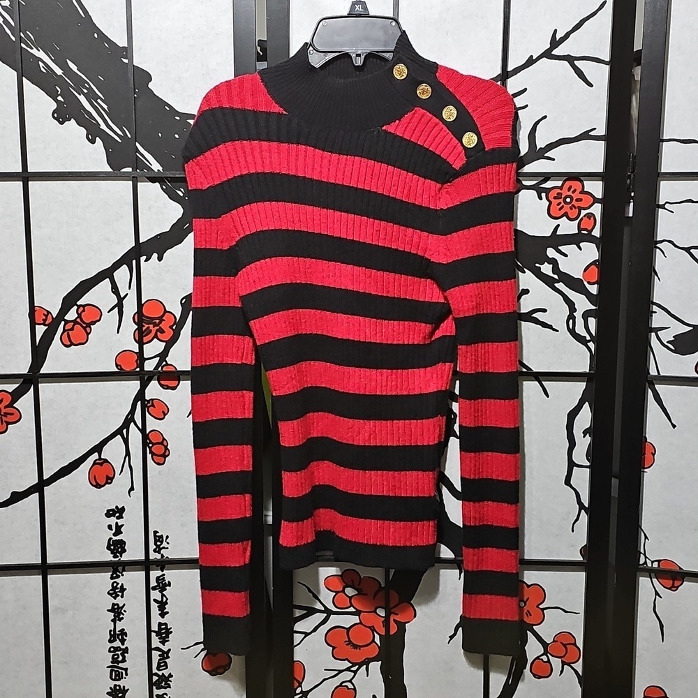 Express Black Red Striped Sweater Padded Shoulder Gold Button Size Small New
